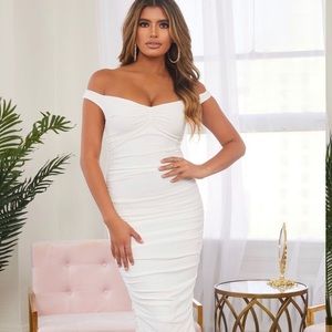 CLUB L WHITE RUCHED OFF THE SHOULDER MIDI DRESS
